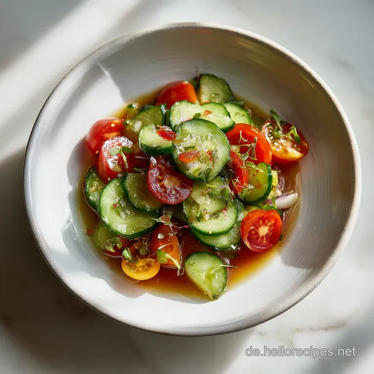 A rustic wooden bowl filled with a colorful salad of crisp cucumbers and juicy tomatoes, glistening with dressing.