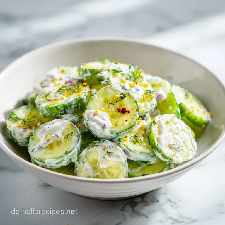 Thinly sliced cucumbers in a refreshing yogurt sauce, artfully arranged with a scattering of dill and a hint of spice.