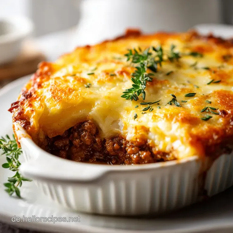 A generous serving of cheesy ground meat casserole, steam rising, presented on a white plate with a sprig of fresh rosemary.