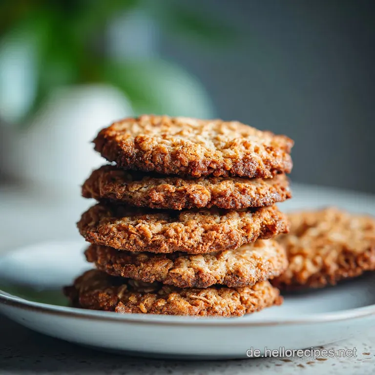 Stack of crisp oat cookies, light tan in color, with visible oat texture. Served on a white plate with a delicate floral d...