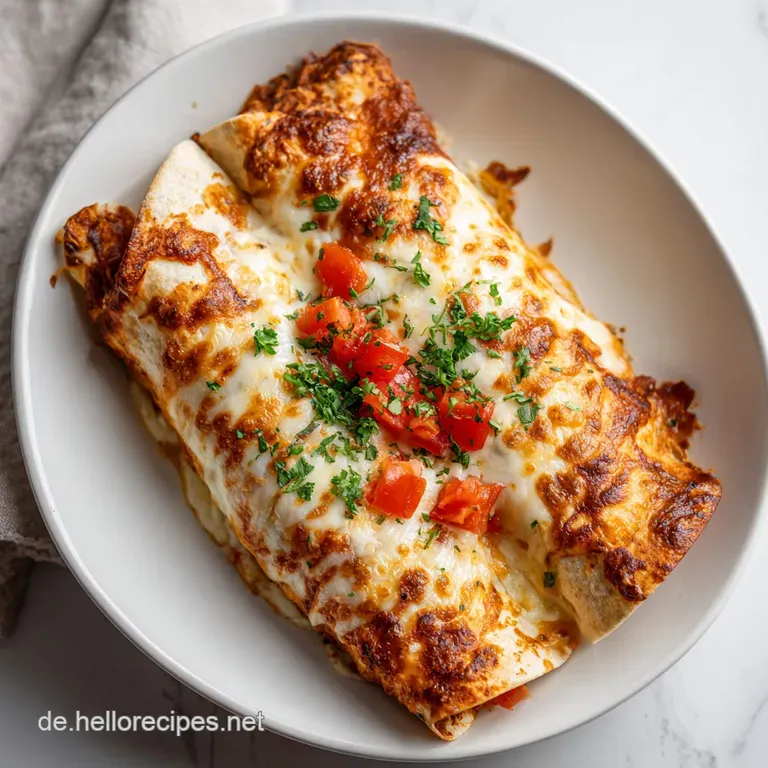 A golden-brown enchilada stack drizzled with creamy sauce and fresh cilantro, artfully arranged on a white plate.