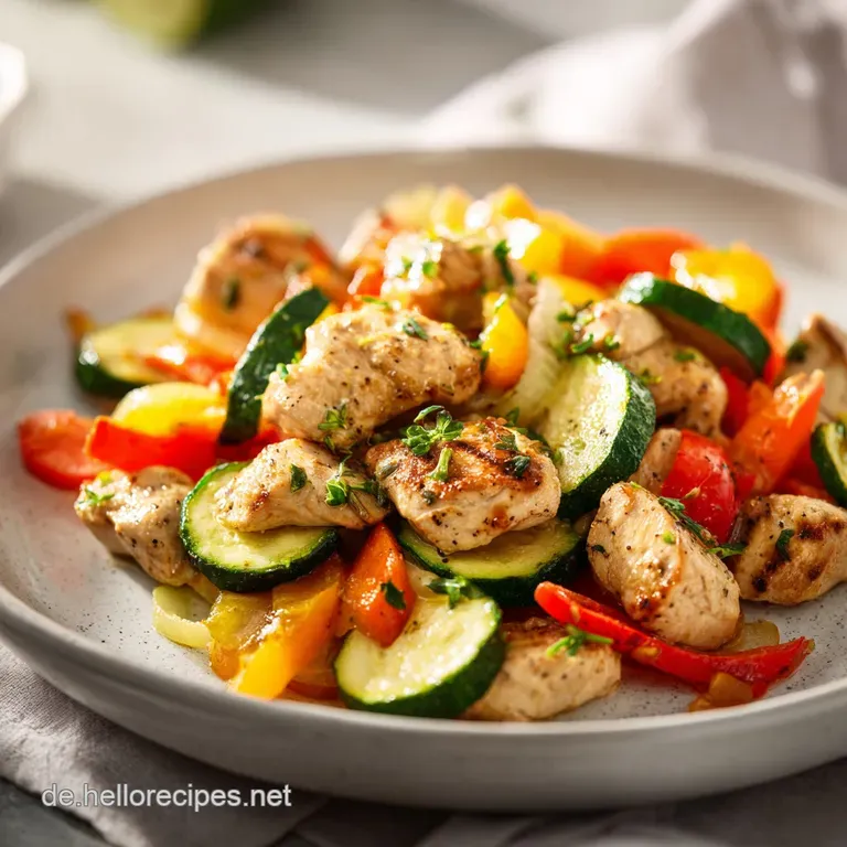 A plated portion with juicy chicken, glazed potatoes, and vibrant vegetables; parsley garnish adds a fresh element to the ...