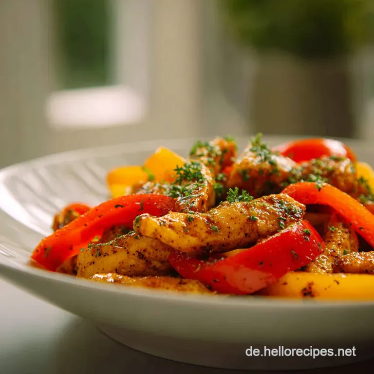 Saut&eacute;ed chicken and vibrant bell peppers elegantly arranged on a plate, steaming gently with a sprinkle of fresh herbs.