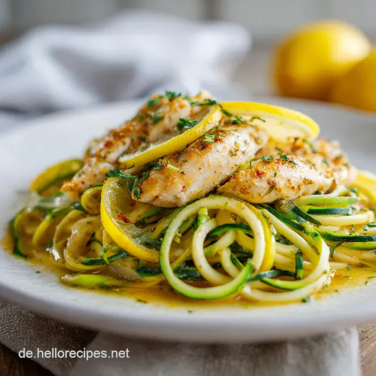 Plated chicken zoodles garnished with herbs. The glistening sauce coats each strand, offering a tempting, healthy, and fla...