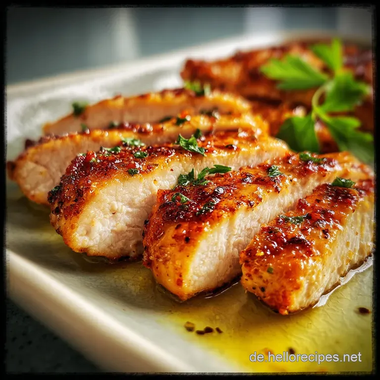 Succulent sliced chicken breast atop fluffy mashed potatoes, drizzled with a rich, creamy sauce, garnished with fresh pars...