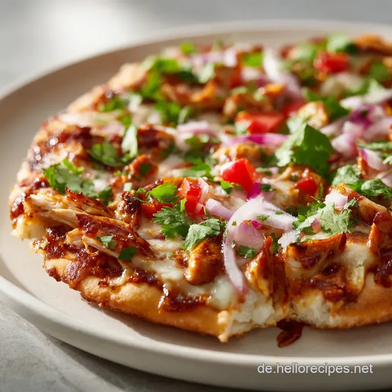 A slice of BBQ chicken pizza, topped with melted cheese and fresh herbs, artfully arranged on a rustic board.