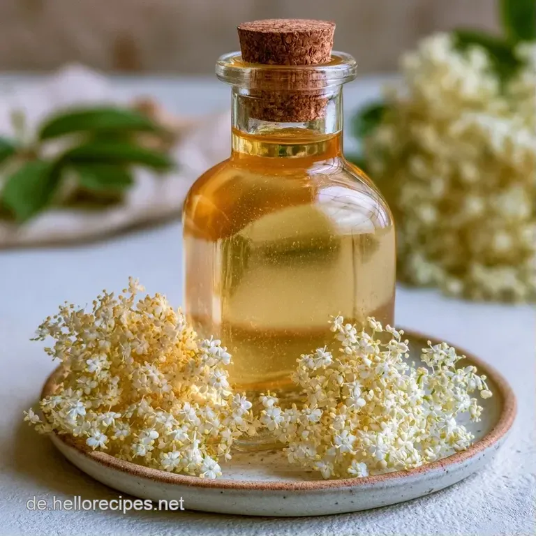 Eine schlanke Glasflasche mit hellem Sirup neben einem Glas mit Eisw&uuml;rfeln und einer frischen, wei&szlig;en Bl&uuml;te.
