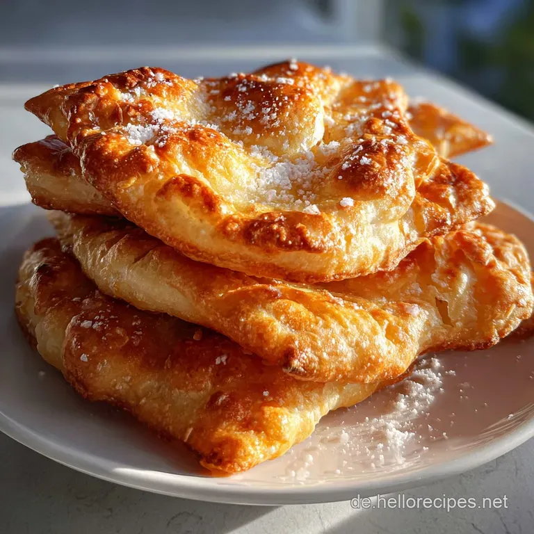 A single, perfectly browned Langos, glistening with oil, presented on a white plate, topped with sour cream and fresh herbs.