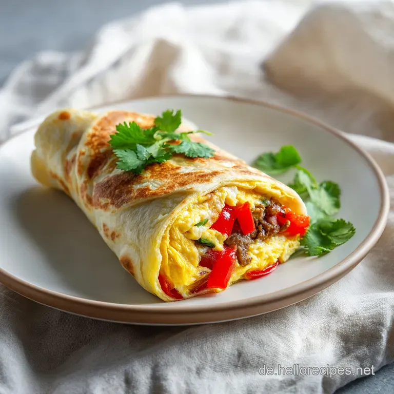 A neatly rolled breakfast burrito, sliced to reveal fluffy eggs, melted cheese, and vibrant salsa on a white plate.