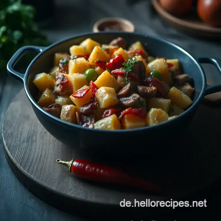 Herzhafte Kartoffelpfanne mit Gemüse und Speck presentation