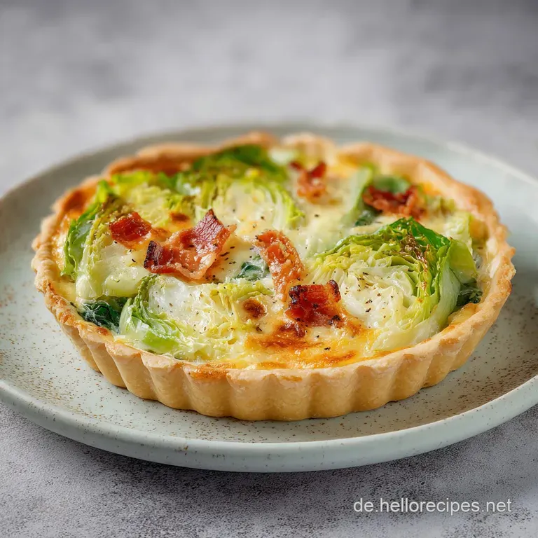 A slice of savory tart with a crisp crust on a white plate, topped with melted cheese and vibrant green cabbage.