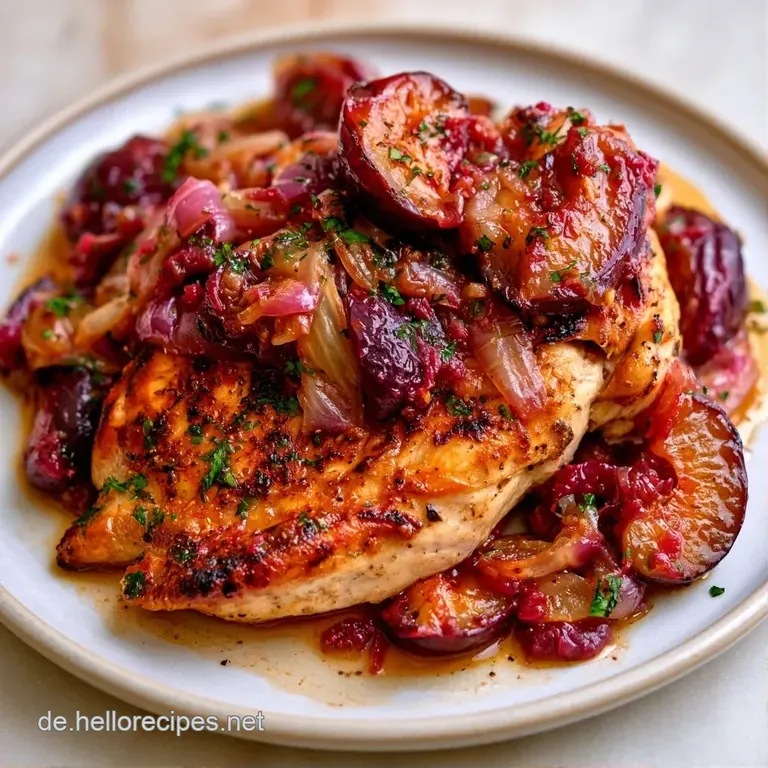 Elegant angerichtete, weiche dunkelviolette Fr&uuml;chte auf wei&szlig;em Porzellan, gl&auml;nzend &uuml;berzogen mit einer dunklen Sauce.