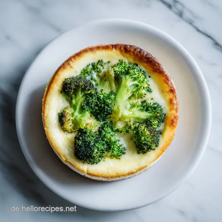 Slice of creamy broccoli cheese bake on a plate, showing a soft, moist interior and golden crust. Garnish with herbs.