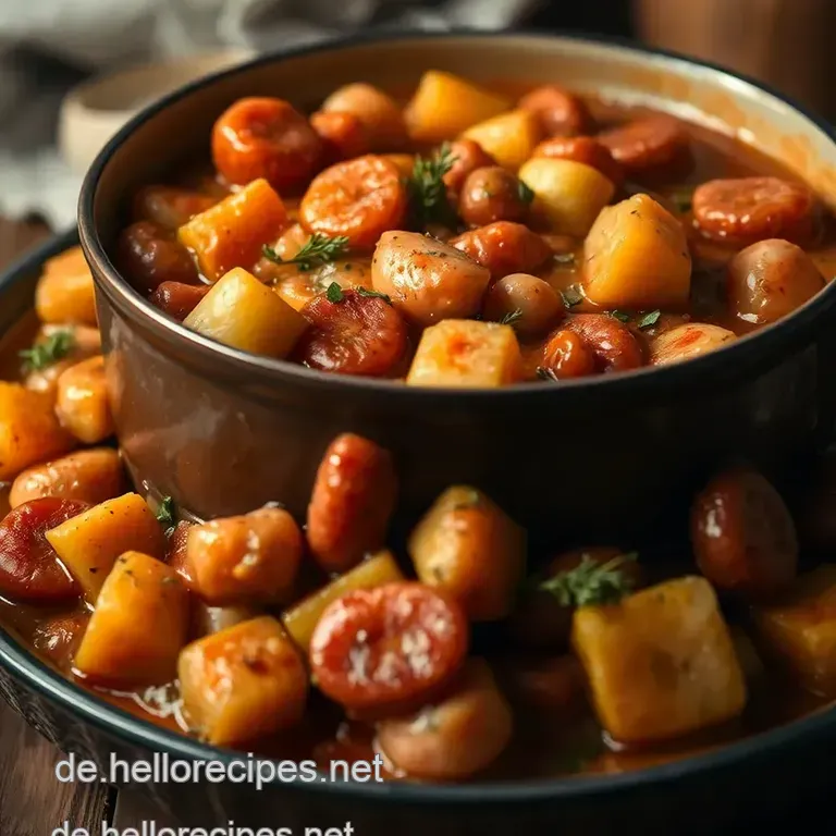Herzhafter Kartoffeleintopf mit Würstchen und Gemüse presentation