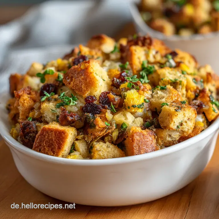 Crispy, golden stuffing mounded artfully with a fork showing juicy texture, garnished.