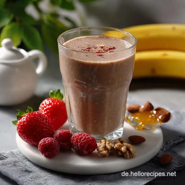 Vibrant green smoothie in a tall glass, garnished with fresh berries and a sprinkle of seeds, creating a refreshing, healt...