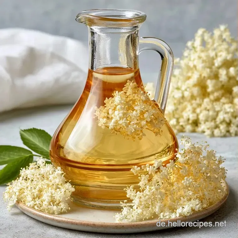 Eine gl&auml;serne Karaffe mit hellem Sirup neben frischen Holunderbl&uuml;ten und Zitronenspalten auf rustikalem Holz.