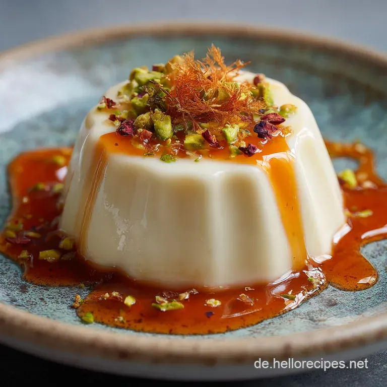 Elegant panna cotta dessert with honey drizzle, garnished with fresh berries and mint sprigs on a white plate; smooth and ...