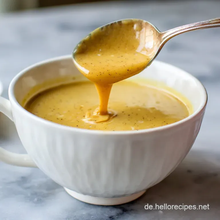 Elegant glass cruet filled with a smooth, amber-colored honey mustard dressing, next to a bowl of fresh mixed greens. Simp...