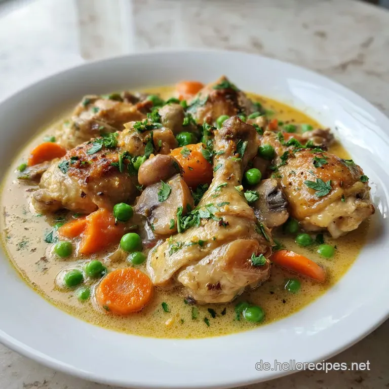 Elegant plate of creamy chicken fricassee with vibrant green peas and asparagus. Steaming slightly; garnished with fresh p...
