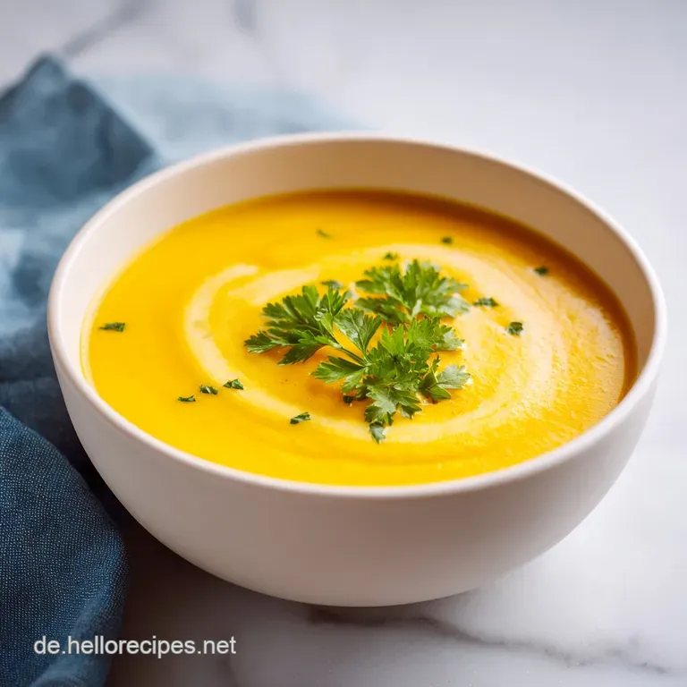 A beautifully presented bowl of creamy butternut squash soup, garnished with toasted pumpkin seeds and fresh herbs.