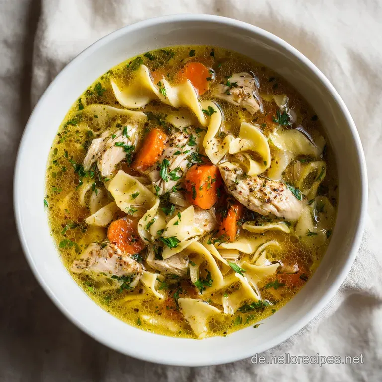 A steaming bowl of chicken noodle soup, adorned with fresh green parsley and vibrant orange carrot slices.