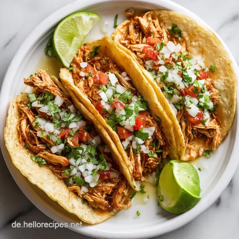 Two perfectly assembled chicken tacos on a white plate, garnished with lime wedges and a sprinkle of cotija cheese.
