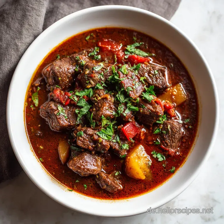 A beautifully plated beef goulash, glistening with savory sauce, garnished with fresh parsley.