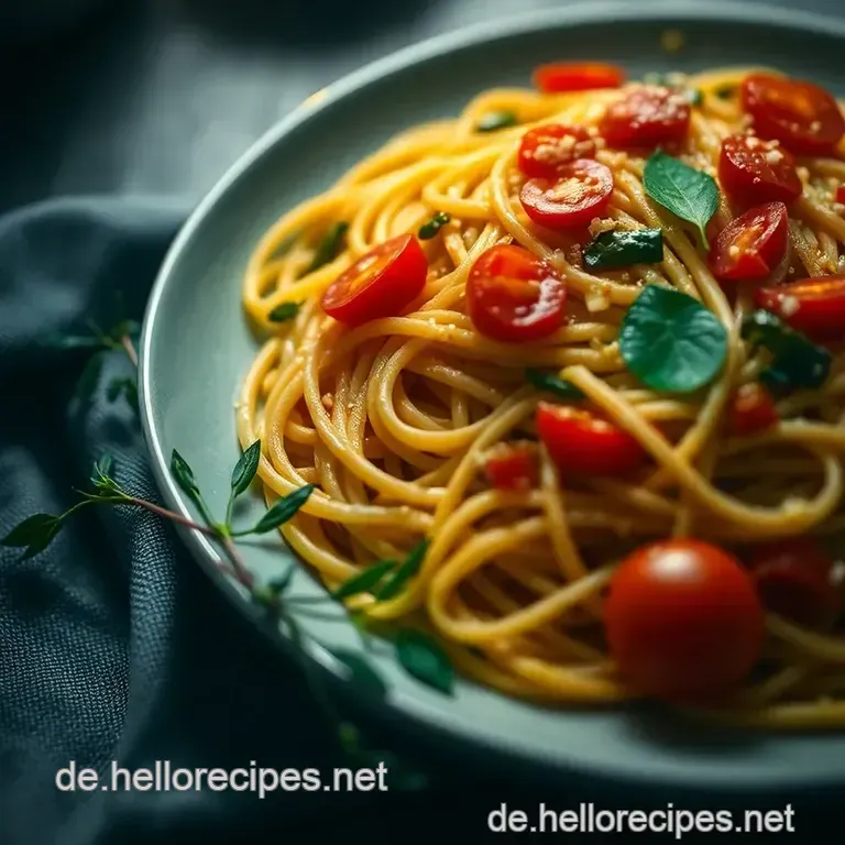 Italienische Spaghetti mit Garnelen und Kirschtomaten presentation