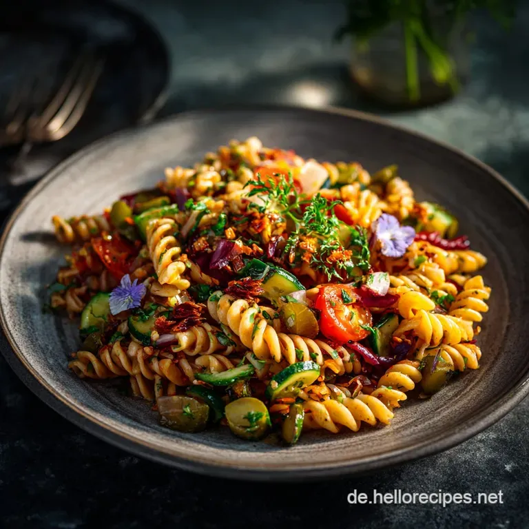 Italienischer Nudelsalat Caprese-Stil: Leicht Und Frisch Mit Basilikum-Vinaigrette. presentation