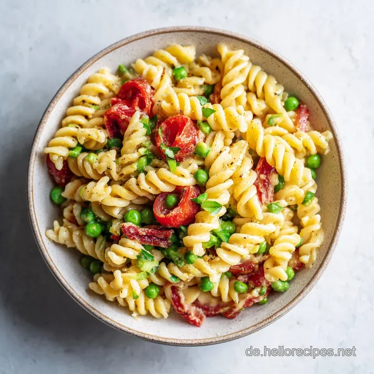 A generous portion of colorful pasta salad, showcasing bright red tomatoes and green herbs, artfully plated.