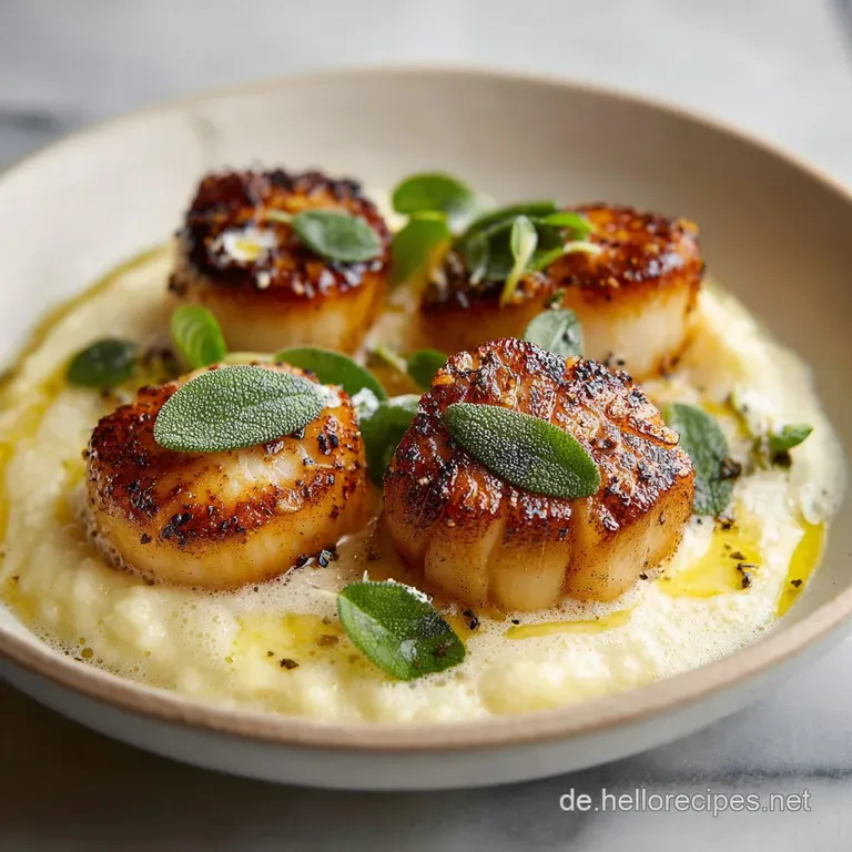 Plated scallops nestled in creamy foam, sage leaves adding a vibrant green touch; an elegant and appetizing dish.