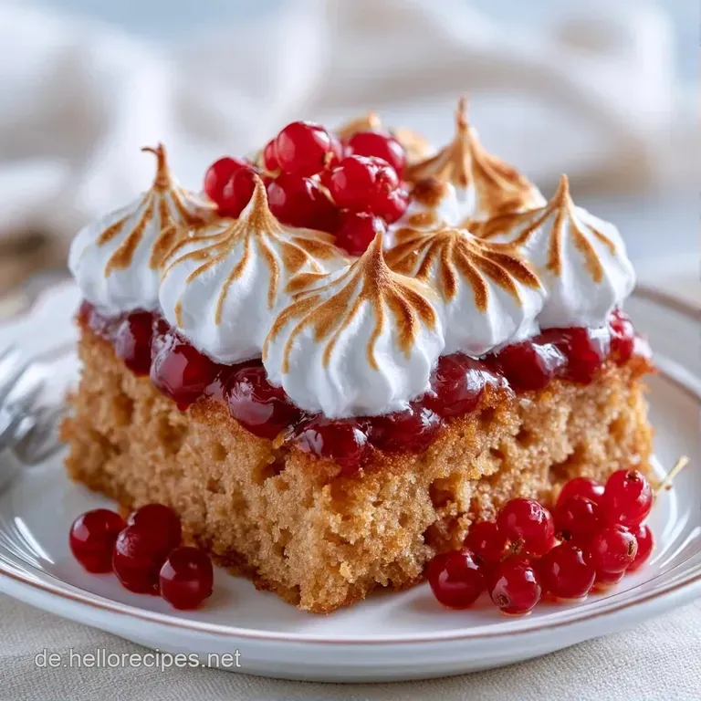 Ein St&uuml;ck heller Kuchen mit gl&auml;nzenden roten Beeren und fluffigem Baiser auf einem wei&szlig;en Porzellanteller, sanft beleuchtet.