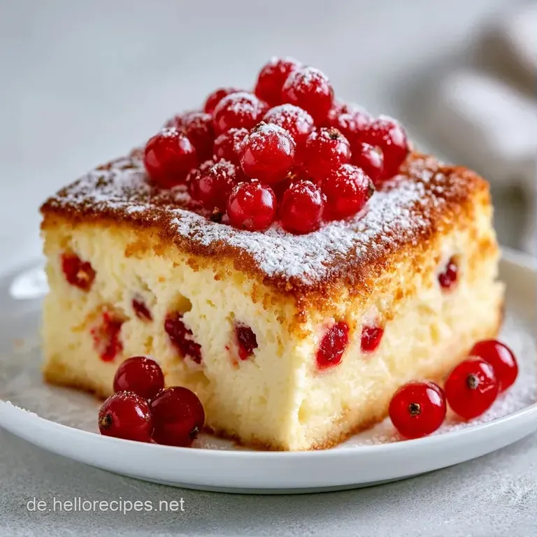 Goldgelbes Kuchenst&uuml;ck auf wei&szlig;em Porzellan, gekr&ouml;nt von gl&auml;nzenden roten Beeren und einem gr&uuml;nen Minzblatt.
