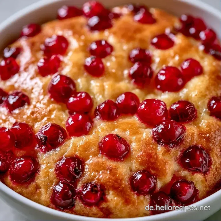 Ein St&uuml;ck lockerer, goldgelber Kuchen auf wei&szlig;em Porzellan, garniert mit frischen roten Beeren und wei&szlig;er Sahne.