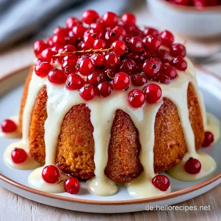 Ein goldbraunes Kuchenst&uuml;ck auf einem wei&szlig;en Porzellanteller mit gl&auml;nzenden roten Beeren und weichem Vanillepudding.