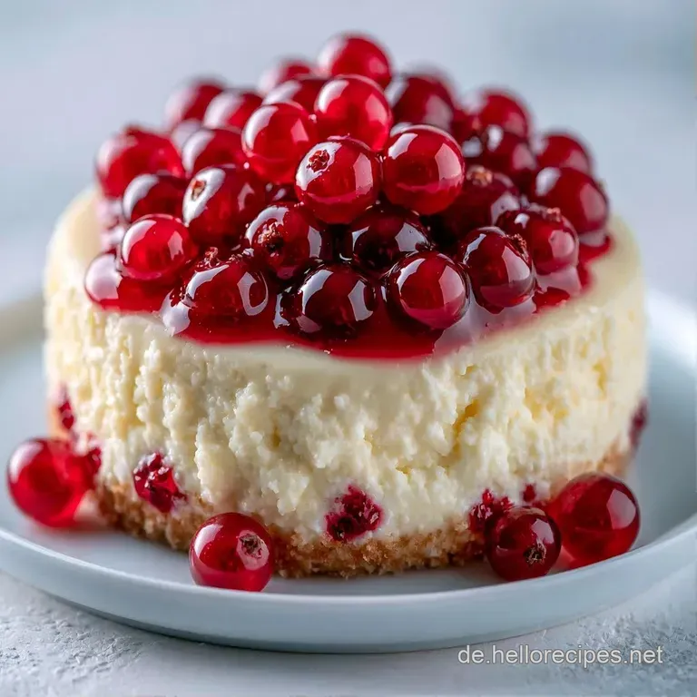 Ein St&uuml;ck helles Quarkgeb&auml;ck auf einem wei&szlig;en Teller, gekr&ouml;nt von saftigen roten Beeren und feinem Puderzucker.