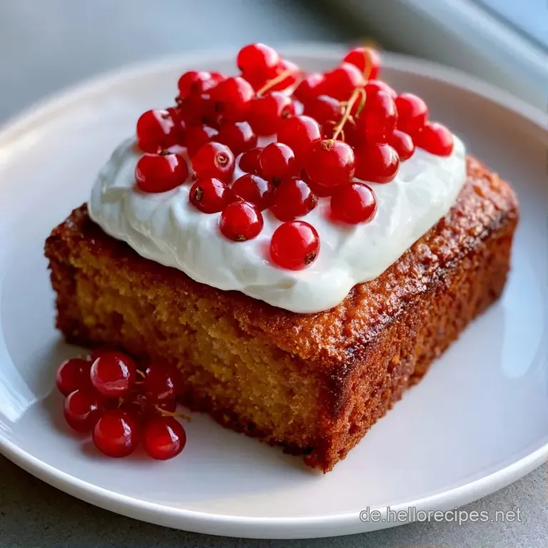 Ein St&uuml;ck cremiger Beerenkuchen auf wei&szlig;em Porzellan, garniert mit frischen, tiefroten Beeren und einem Minzblatt.