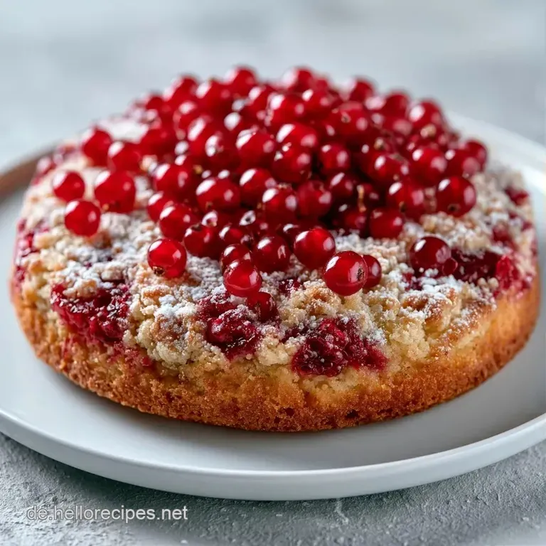 Ein goldbraunes Kuchenst&uuml;ck auf einem eleganten wei&szlig;en Teller, flankiert von gl&auml;nzenden, roten Beeren-Akzenten.