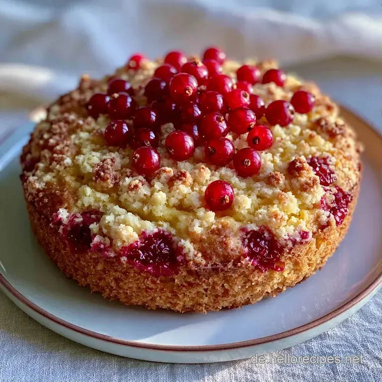 Ein saftiges Kuchenst&uuml;ck auf einem wei&szlig;en Teller zeigt goldgelben Teig, rote Beeren und knusprige, helle Streusel.