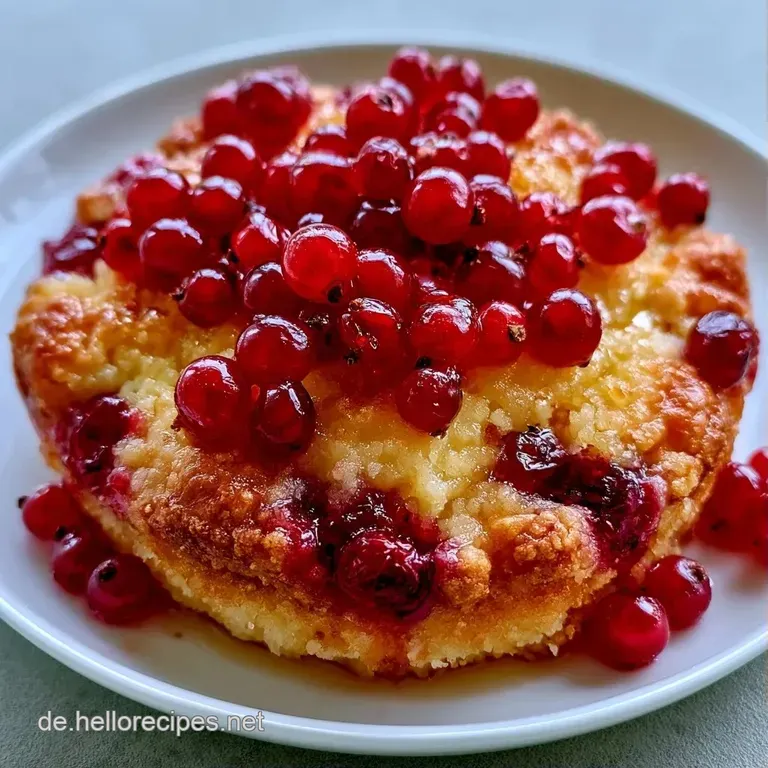 Ein lockeres Kuchenst&uuml;ck auf einem wei&szlig;en Porzellanteller, garniert mit frischen roten Beeren auf hellem Leinen.