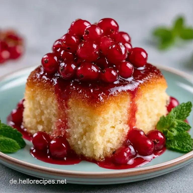 Ein lockeres St&uuml;ck goldgelber Kuchen auf wei&szlig;em Porzellan, best&auml;ubt mit Puderzucker und garniert mit roten Beeren.