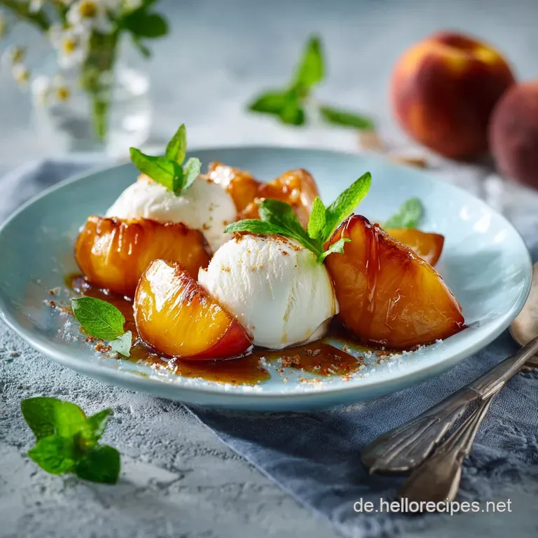 Goldene Zeiten Karamellisierte Pfirsiche Auf Samtiger Nice Cream presentation