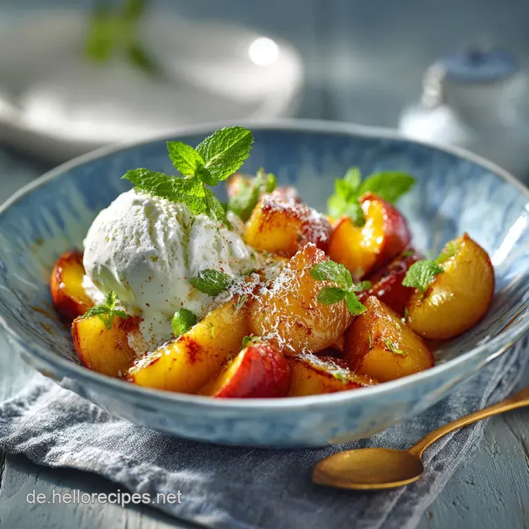 Goldene Zeiten Karamellisierte Pfirsiche auf Samtiger Nice Cream