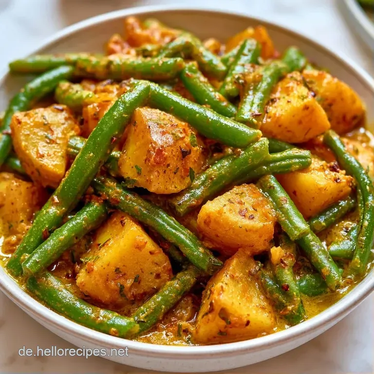 Dampfendes, goldgelbes Curry in einer rustikalen Schale, kontrastiert durch leuchtend gr&uuml;ne Bohnen und gl&auml;nzende Sauce.
