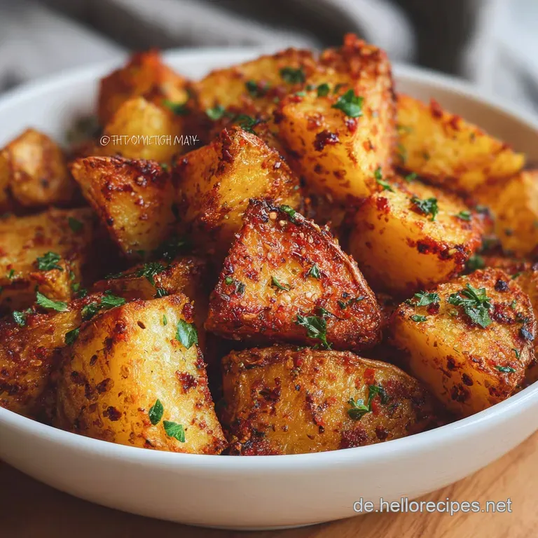 Perfectly browned potatoes artfully arranged on a white plate, sprinkled with herbs, suggesting warmth and savory flavor.