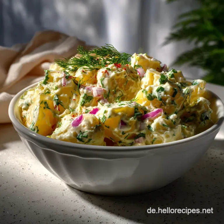 Elegant serving of potato salad in a white bowl, garnished with fresh parsley. The potatoes are tender, glistening with dr...