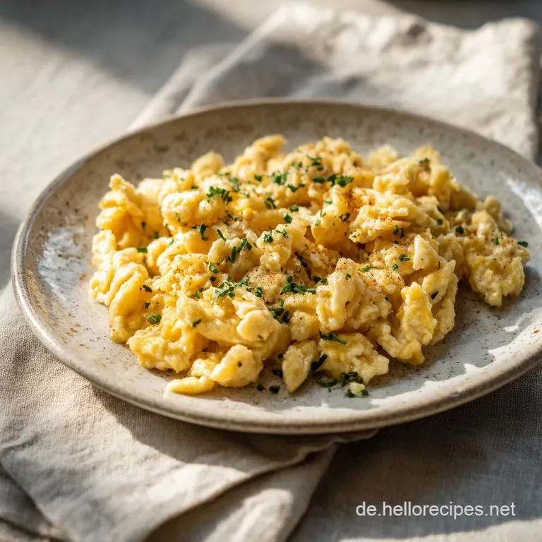 Portion of glistening, saucy K&auml;sesp&auml;tzle piled high on a plate, topped with toasted onions and a sprig of fresh parsley.
