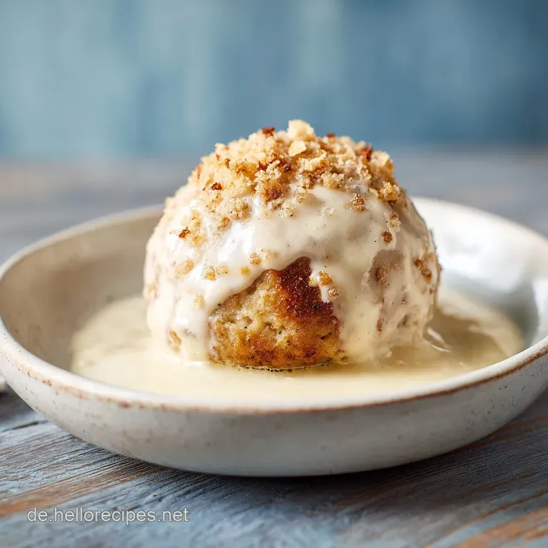 Three golden-brown Kaspresskn&ouml;del elegantly stacked. A sprig of rosemary accents the creamy sauce and dark plate.