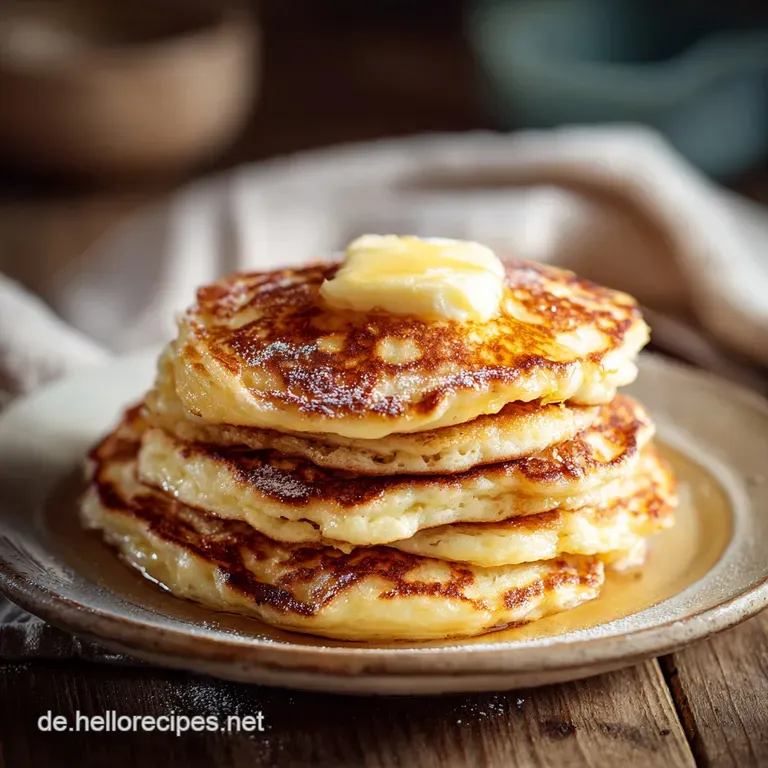 Two light and fluffy pancakes on a white plate with whipped cream and fresh berries. Syrup is drizzled for a shiny appeal.
